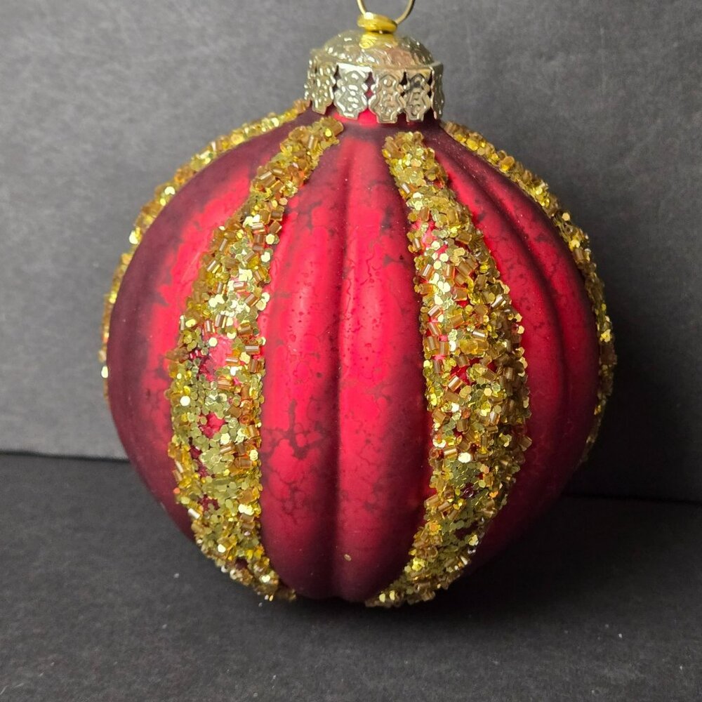 Frontgate Red Gold Glass Christmas Ornament 4" Beaded Ribbed Luxury Holiday